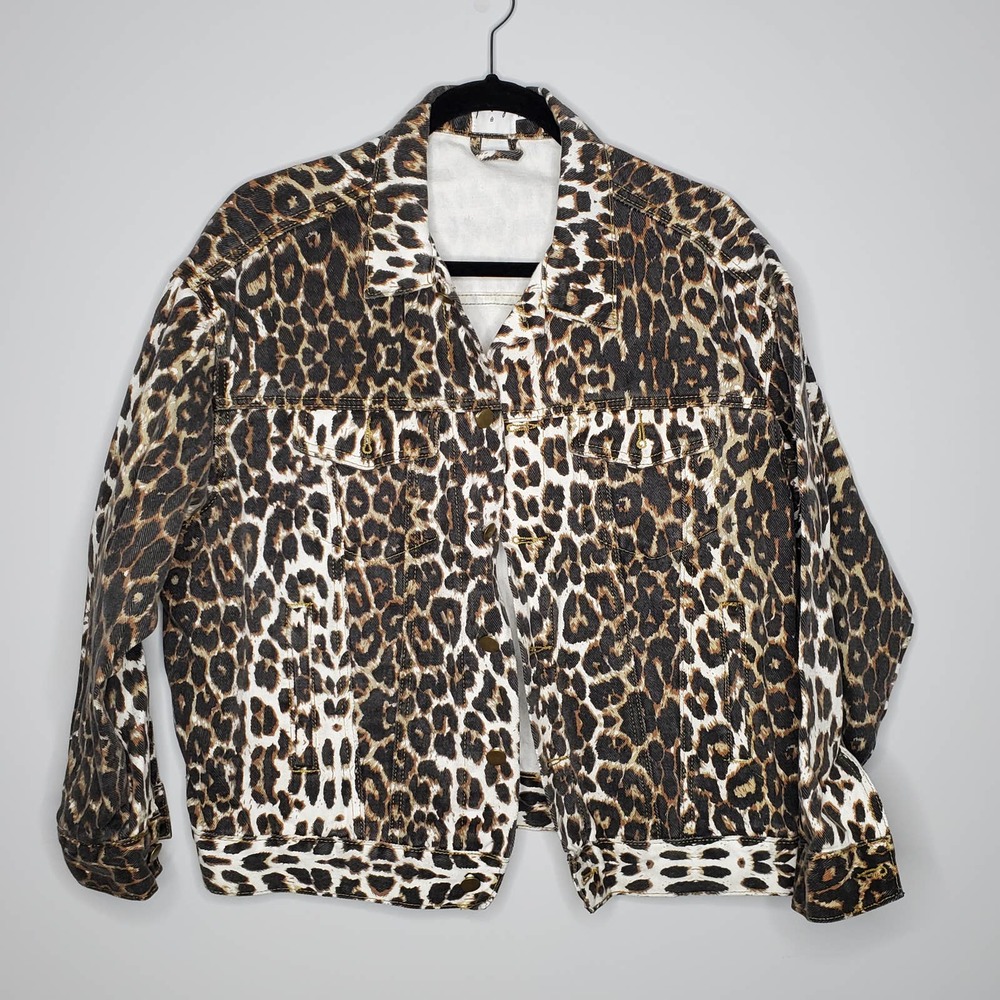 PRINCESS POLLY Brown Black Leopard Animal Print Denim Jacket Sz 6 - Picture 2 of 7